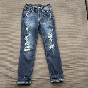 Judy Blue Jeans Women 1/25 Blue Cotton Mid Rise Boyfriend Fit Distressed Comfort